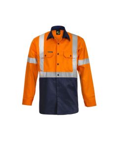 Hi Vis Long Sleeve Cotton Work Shirt With X Pattern Reflective Tape - NSW Rail Compliant