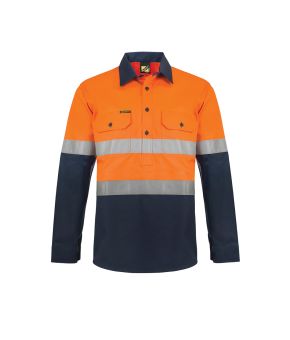 Lightweight Hi Vis L/S Closed Front Vented Cotton Work Shirt With Reflective Tape