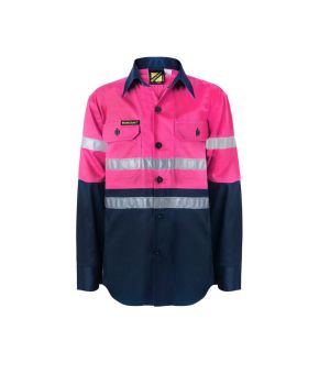 Kids Lightweight L/S Cotton Drill Shirt With Reflective Tape